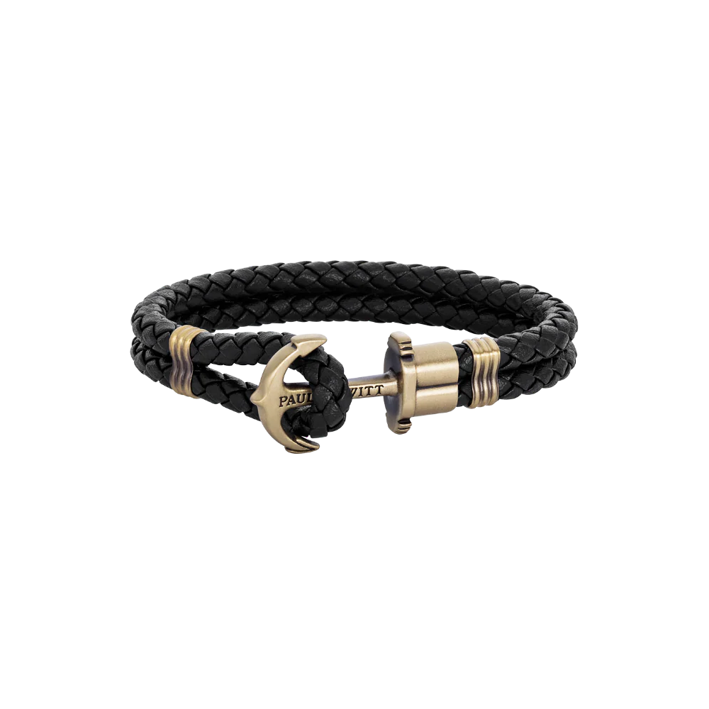 Bracelet ancre Phrep laiton cuir noir