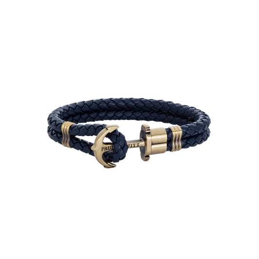 Bracelet ancre Phrep laiton cuir bleu marine