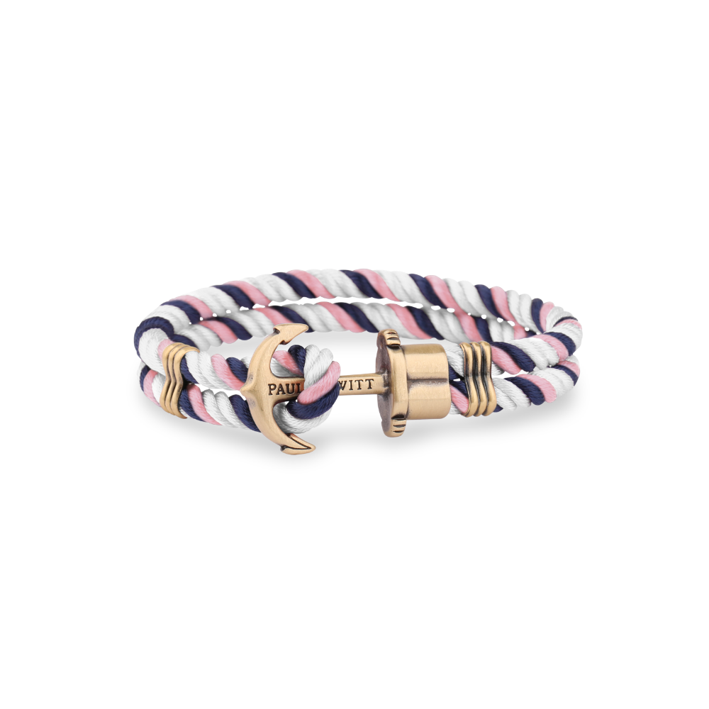 Ankerarmband Phrep Messing Nylon Marineblau Weiß Rosa