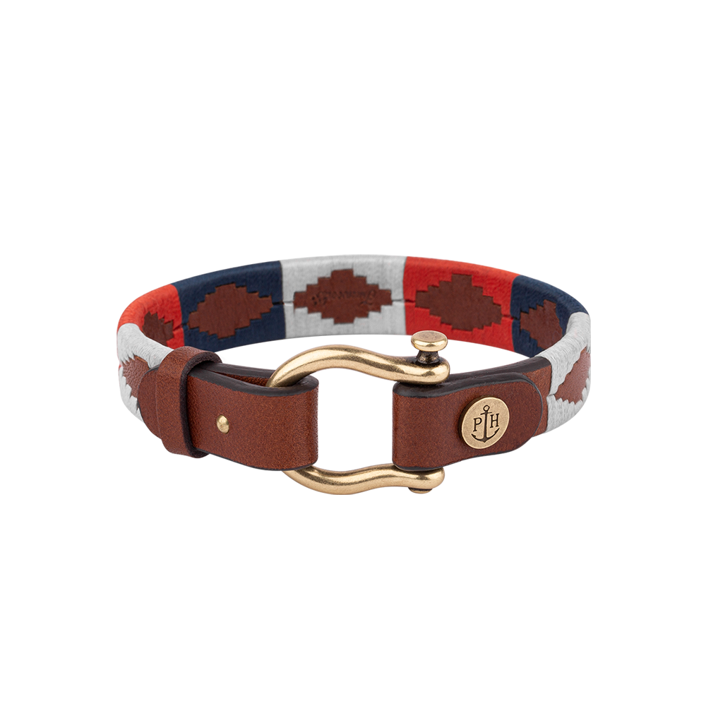 Forestbound Armband Messing Leder Nylon Marineblau Weiß Rot