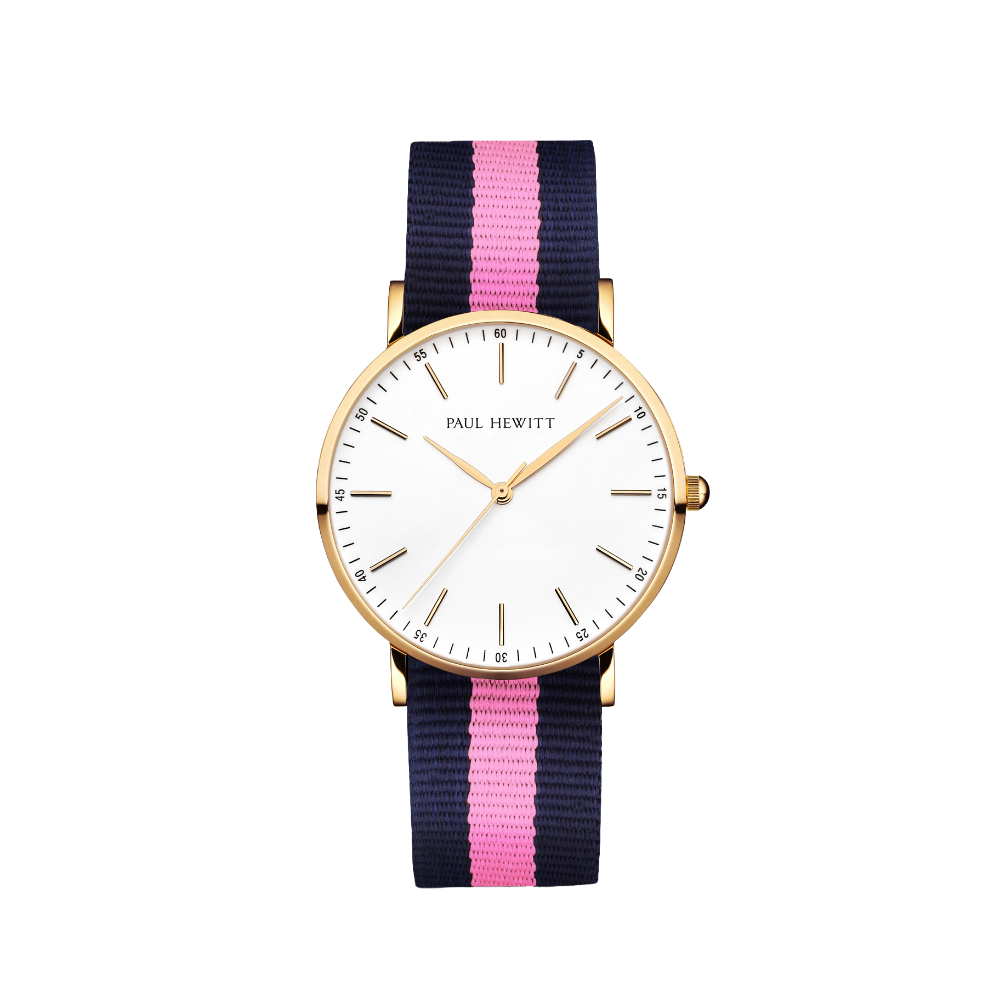 Uhr Gold Line Weiß Gold Nato Marineblau-Pink