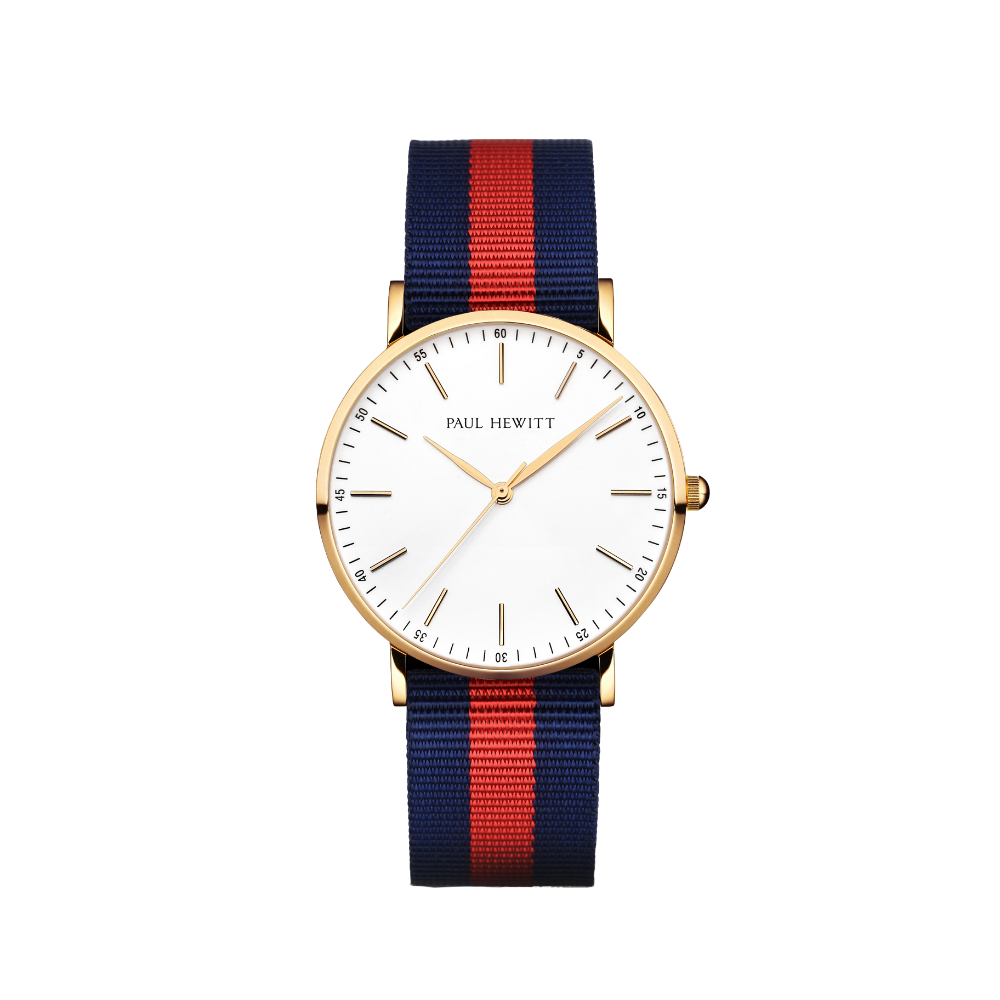 Uhr Gold Line Weiß Gold Nato Blau-Rot