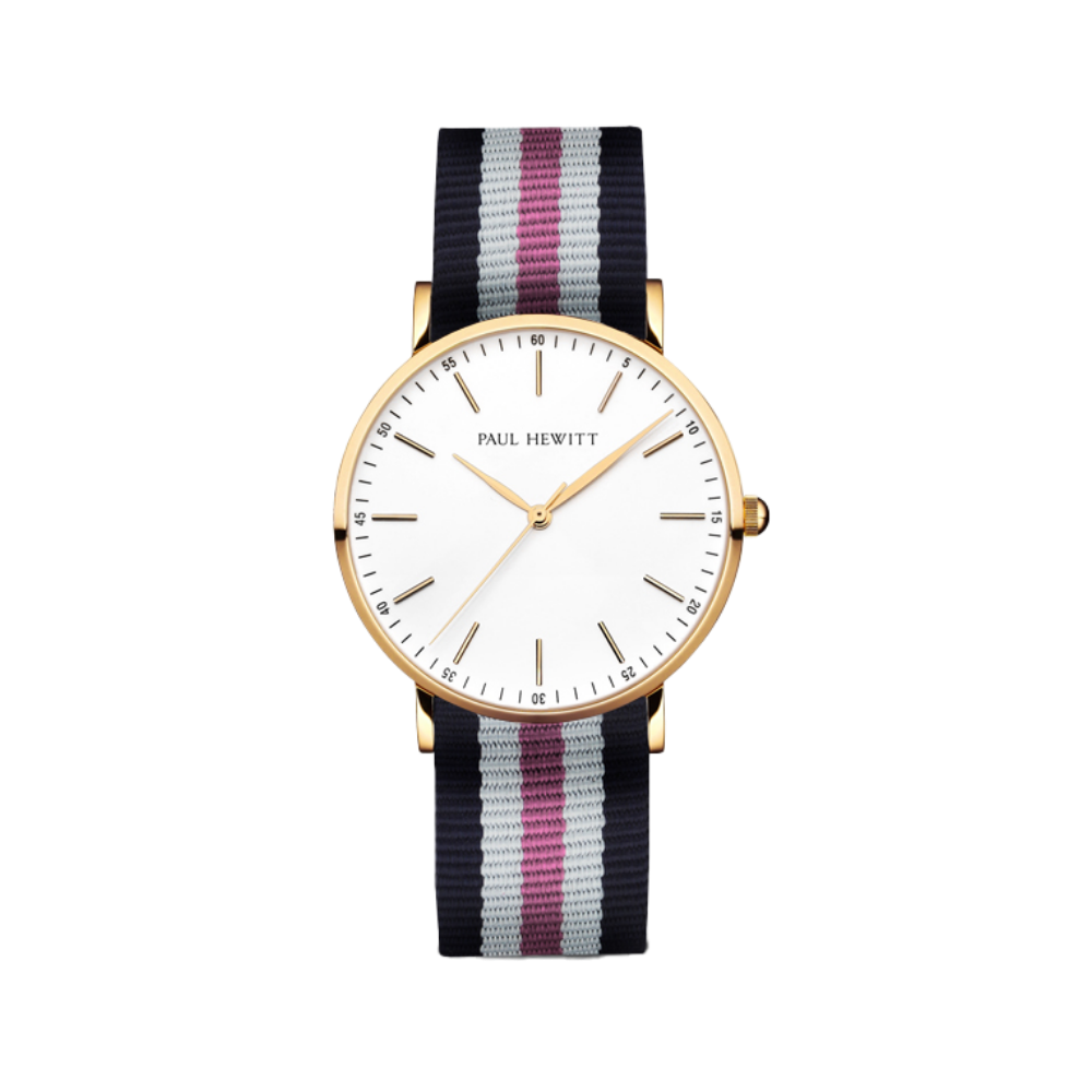Uhr Gold Line Weiß Gold Nato Marineblau-Weiß-Pink