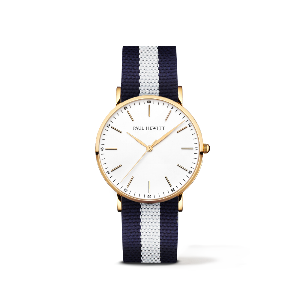 Uhr Gold Line Weiß Gold Nato Marineblau-Weiß