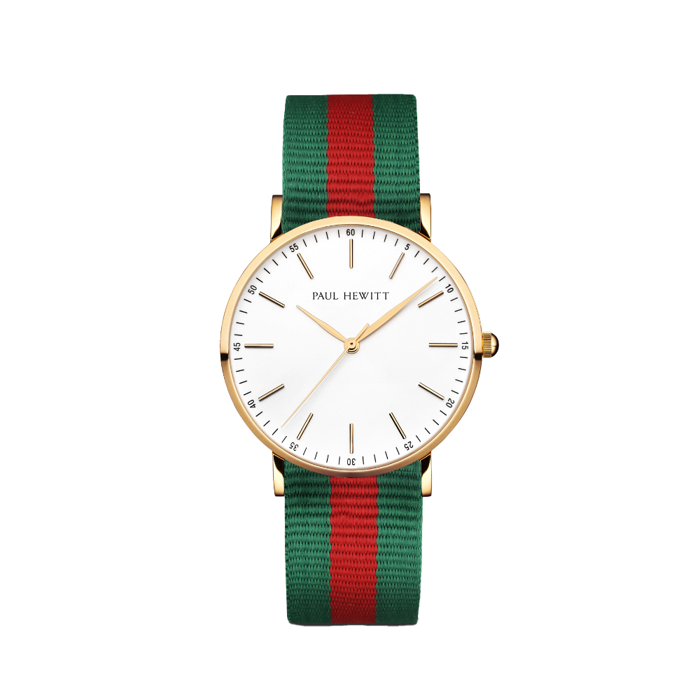Uhr Gold Line Weiß Gold Nato Grün Rot