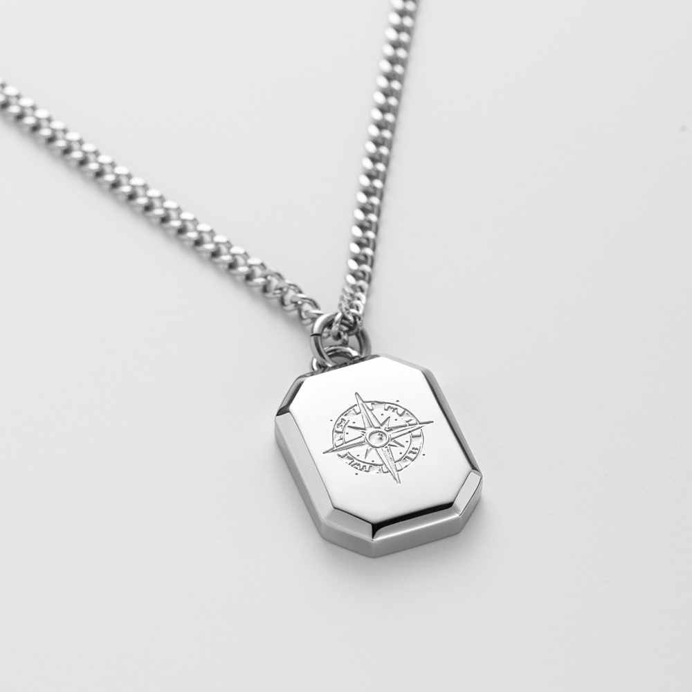 Men's Octagonal Halskette Windrose Silber