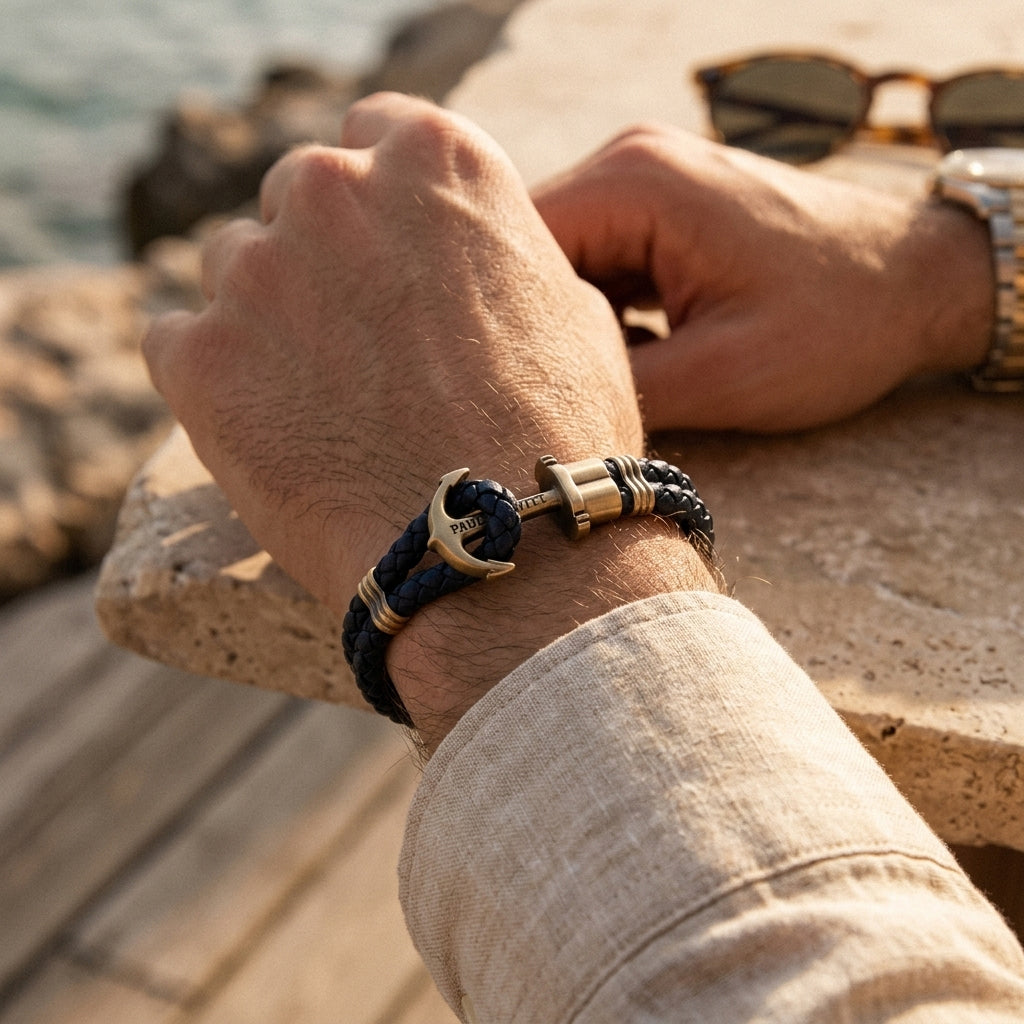 Phrep Armband Messing Leder Marineblau