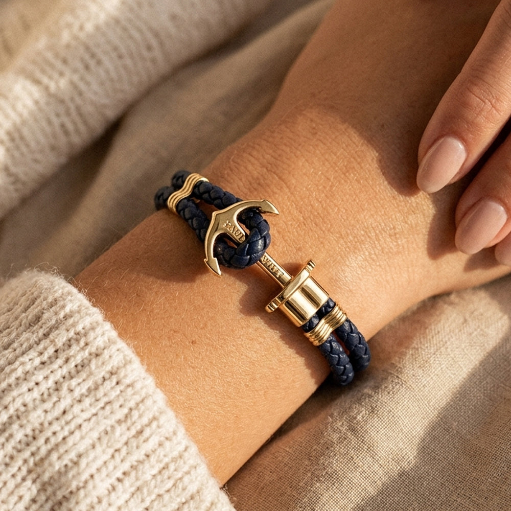 Phrep Armband Gold Leder Marineblau