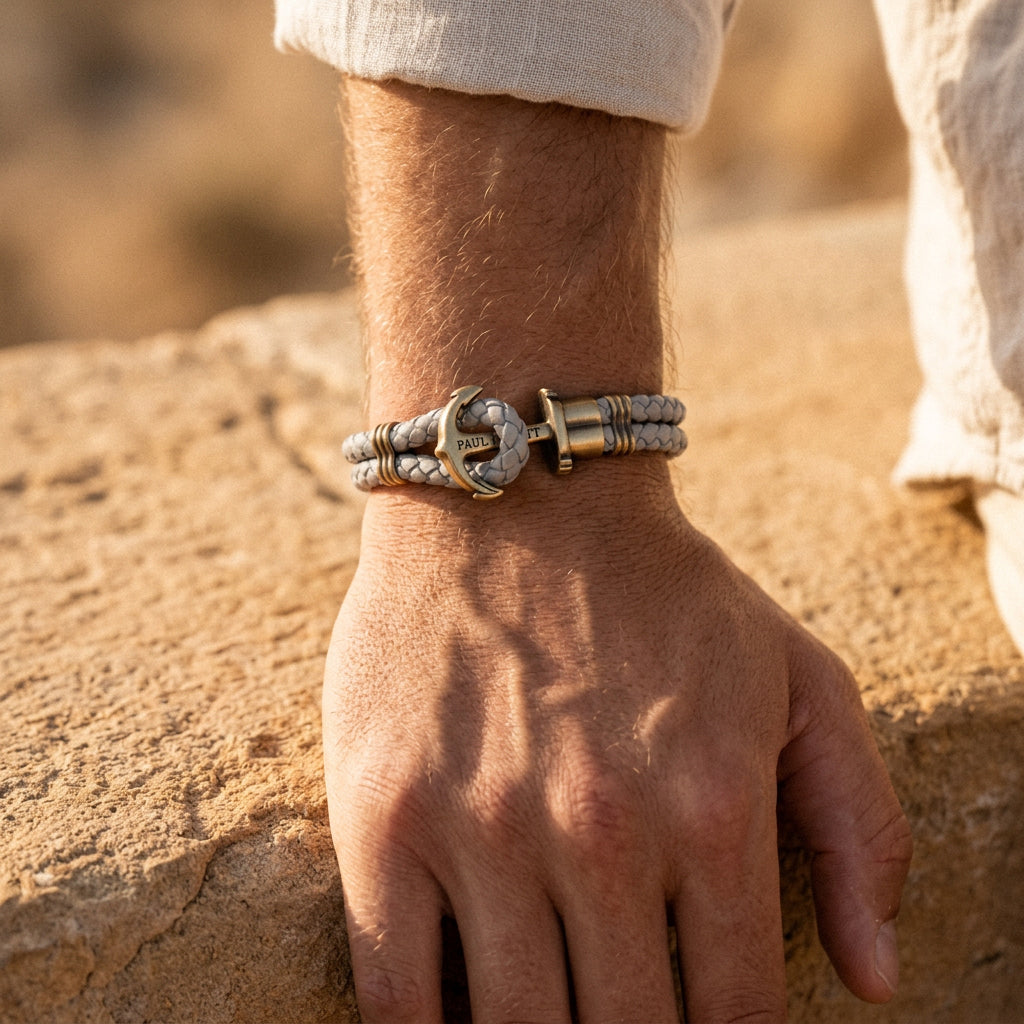 Ankerarmband Phrep Messing Leder Grau