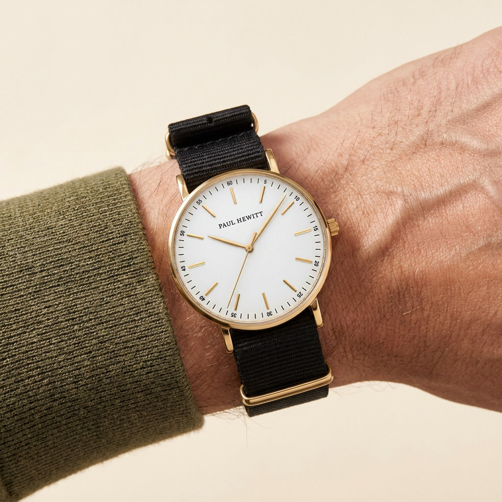 Gold Line Uhr Weiß Gold Nato Schwarz