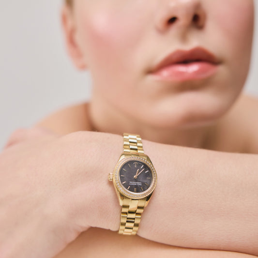 Montre Ronde Petit Soleil Doré Cristal Noir