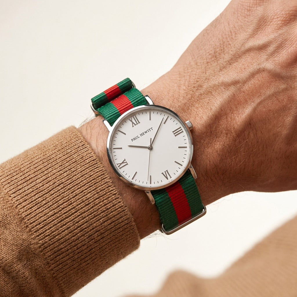 Watch Silver Line White Silver Nato Green Red
