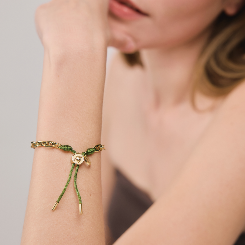 Turtle Anchor Chain Bracelet Gold Seaweed Dark Green