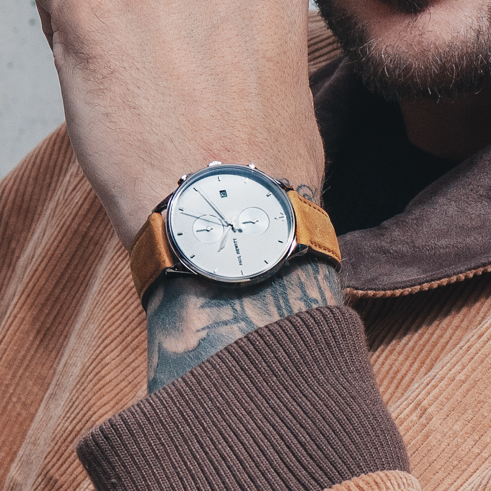 Uhr Chrono White Sand Silber Leder Mustard