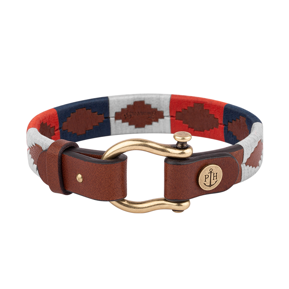 Armband Forestbound Messing Leder Nylon Marineblau Weiß Rot