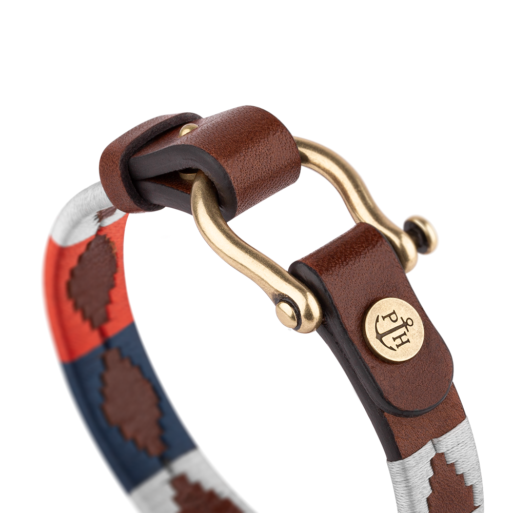 Armband Forestbound Messing Leder Nylon Marineblau Weiß Rot