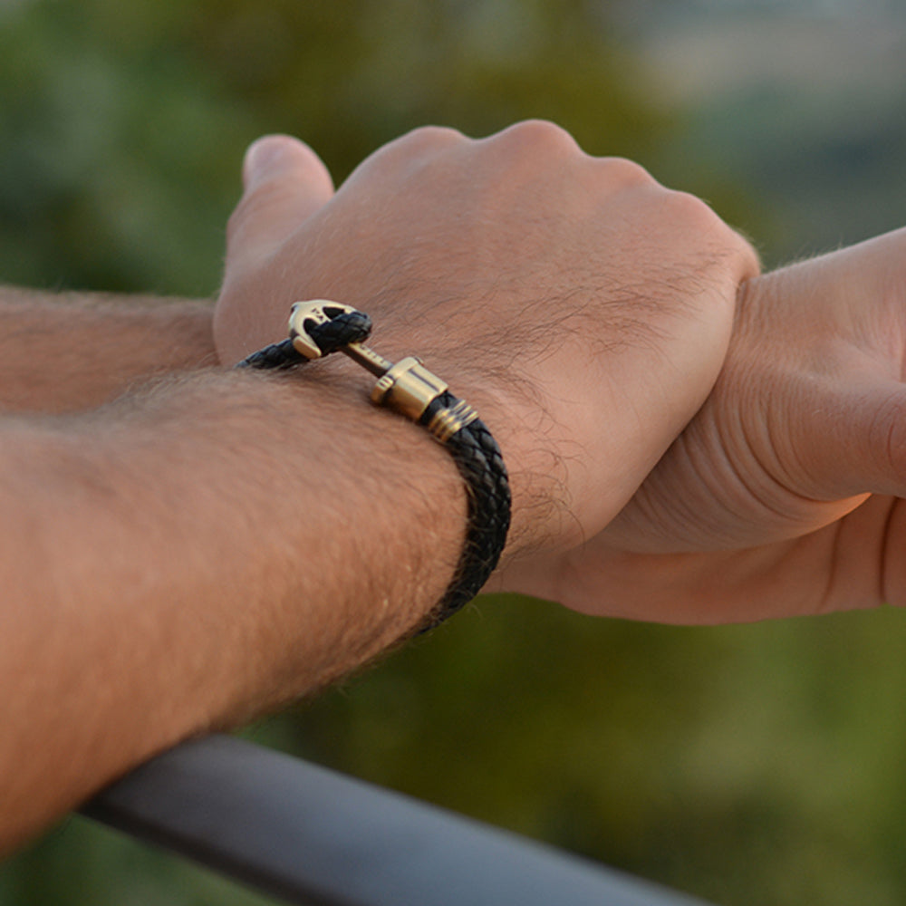 Men s anchor bracelet Phrep bonded leather brass black