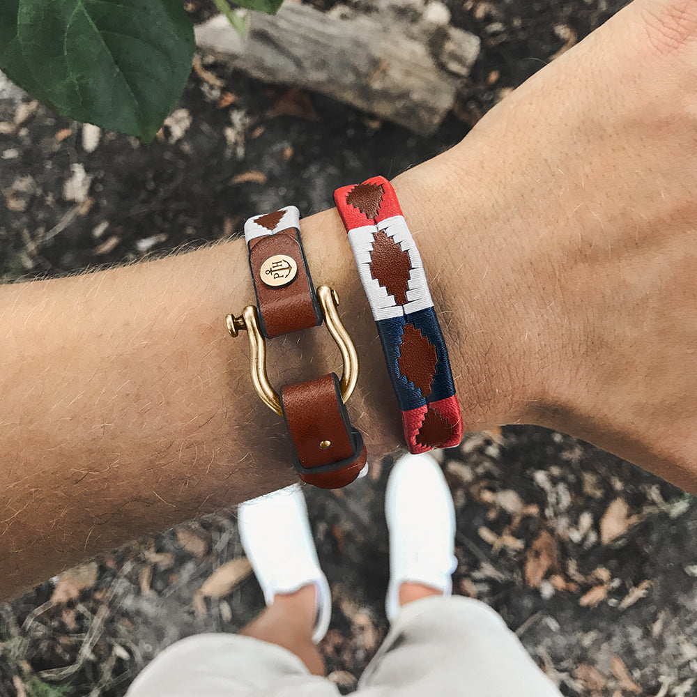 Armband Forestbound Messing Leder Nylon Marineblau Weiß Rot