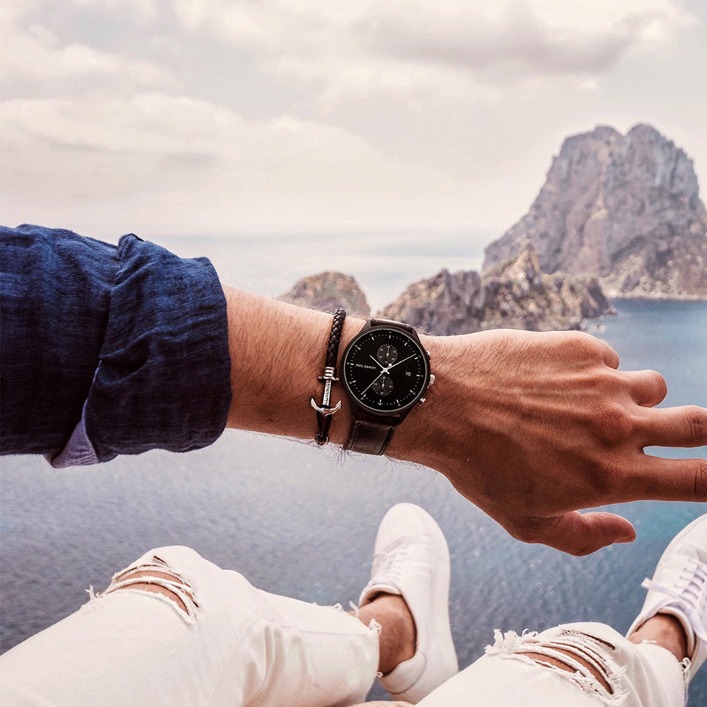 Uhr Chrono Black Sunray Schwarz Silber Leder Schwarz