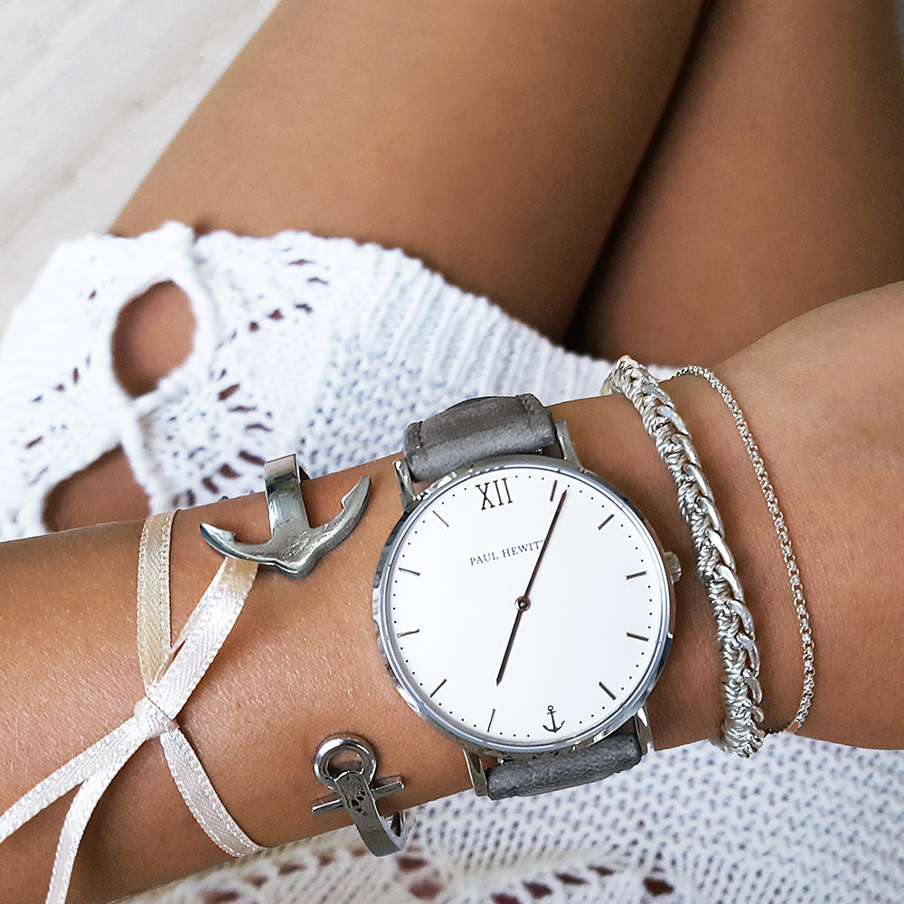 Uhr Sailor White Sand Silber Leder Grau