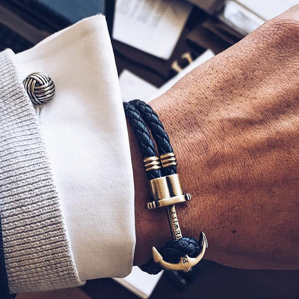 Men s Anchor Bracelet Phrep Bonded Leather Brass Navy Blue